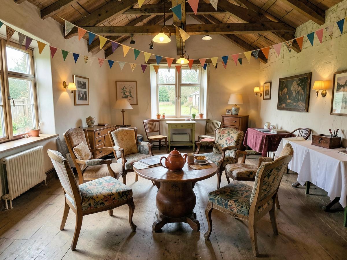 A welcoming village hall set out with chairs in a circle, bunting and a pot of tea